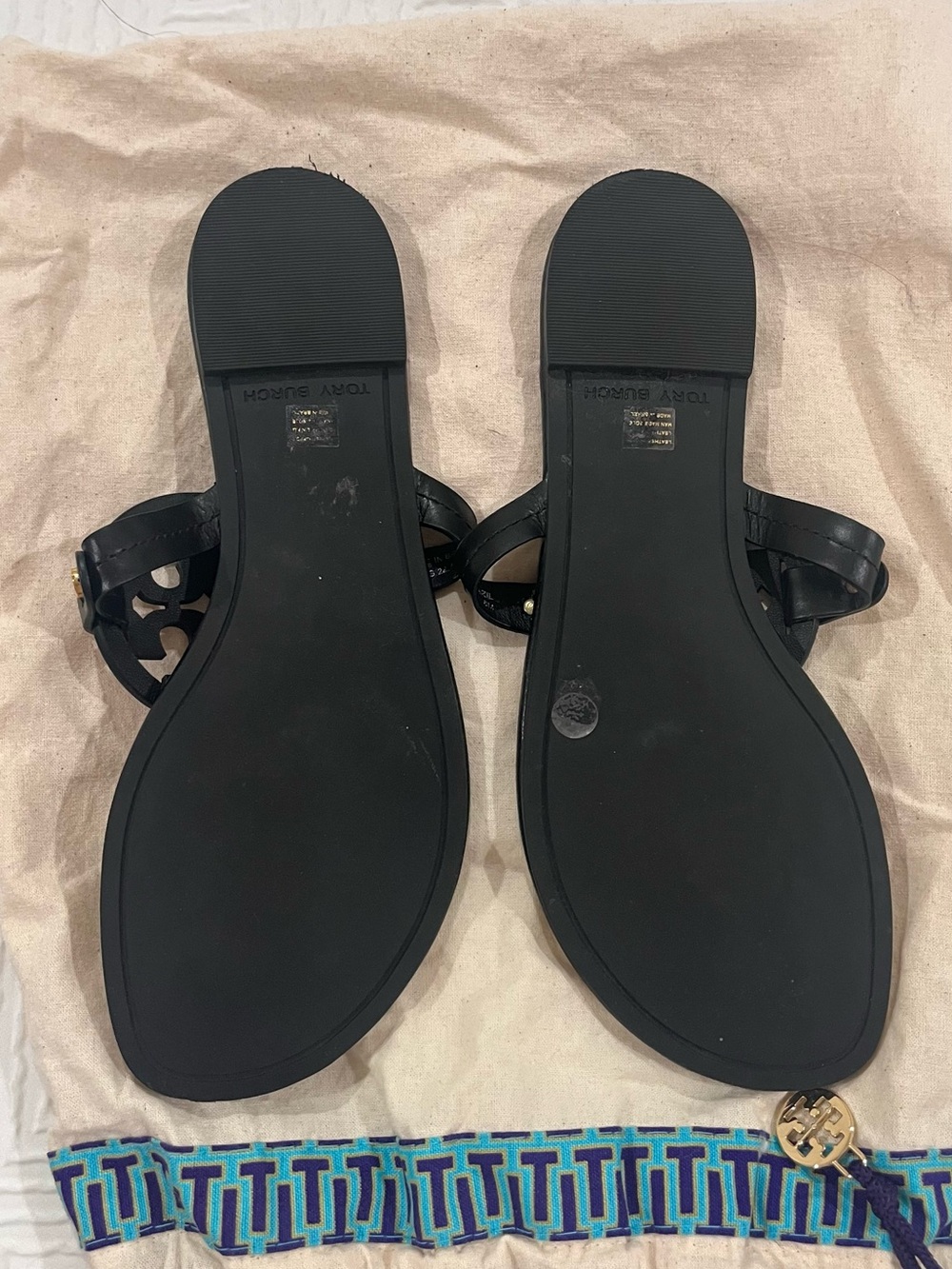Tory Burch Black Miller Logo Thong Sandals with Gold Accents used only once - Picture 2 of 2